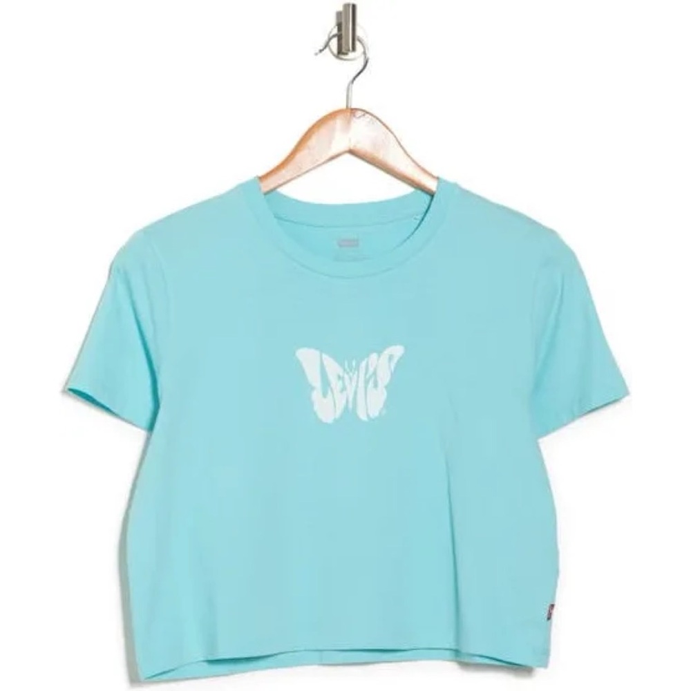 Levi's Jordie Cropped Box Baby Graphic Butterfly Box Tee Crop Top Sky Blue White
